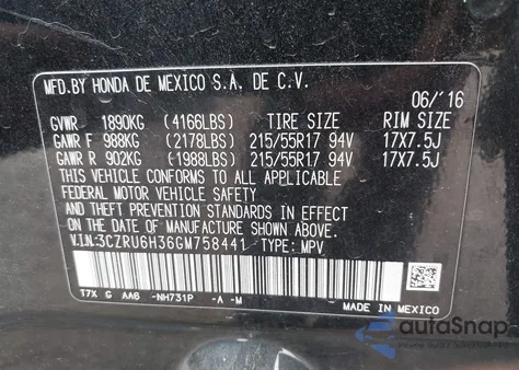 2016 Honda Hr-V Lx из США, поврежденный, VIN 3CZRU6H36GM758441